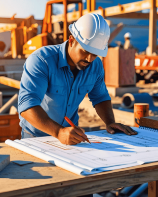 An image of a construction worker marking up the building plans on a job site.