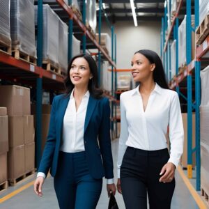 Two business women visiting a warehouse