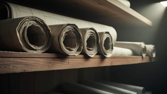 old dog-eared blueprints rolled up on a shelves in a dimly lit room.
